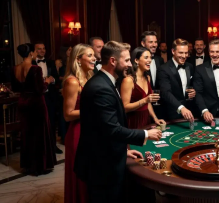 Guests gathered around casino-style tables enjoying a 