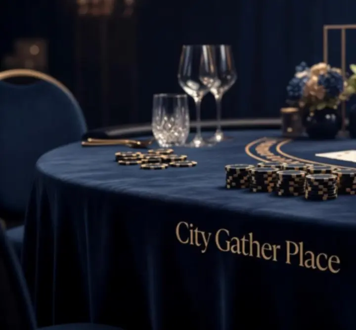 Luxurious dark and gold-accented poker and roulette tables creating a premium event atmosphere