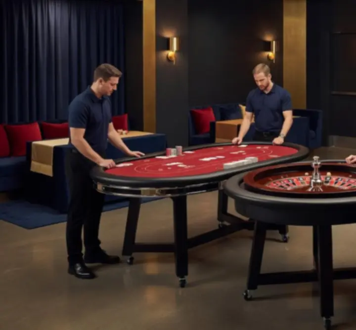 Mobile casino-style entertainment setup with poker and roulette tables at an event venue