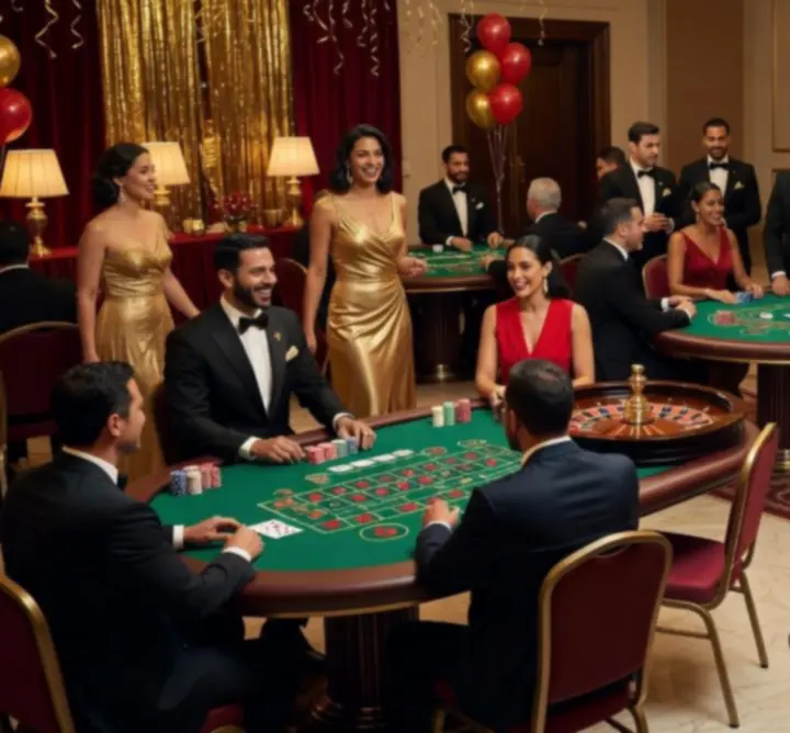 Multiple entertainment tables with poker, roulette and blackjack at a celebration