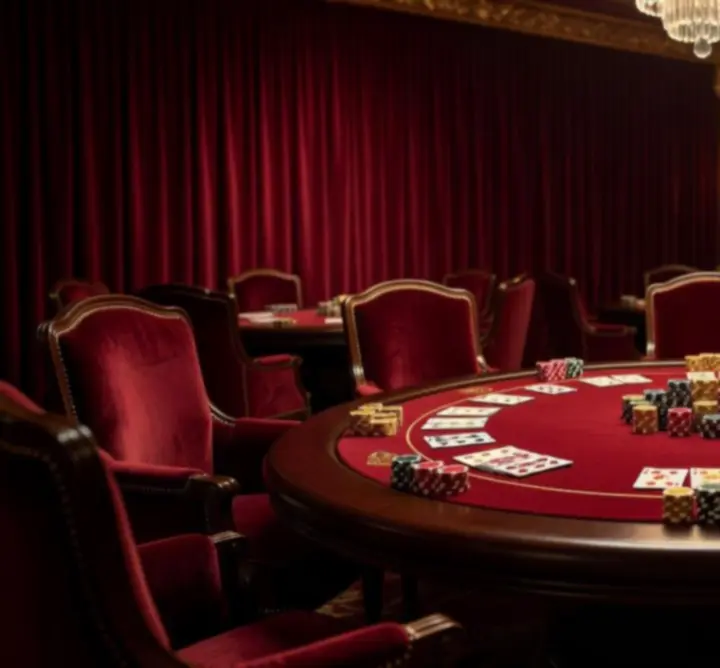 Signature poker night event setup with professional entertainment tables and warm lighting