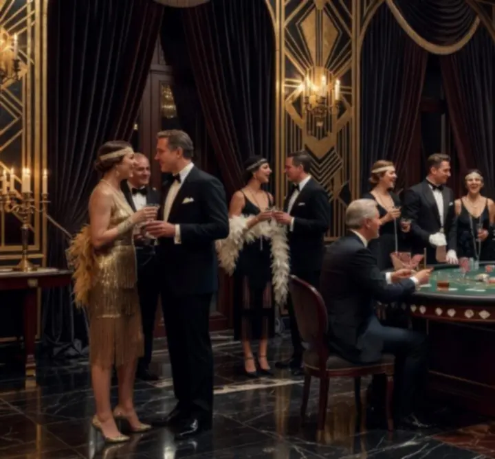 Gatsby-inspired themed decor styling around entertainment tables